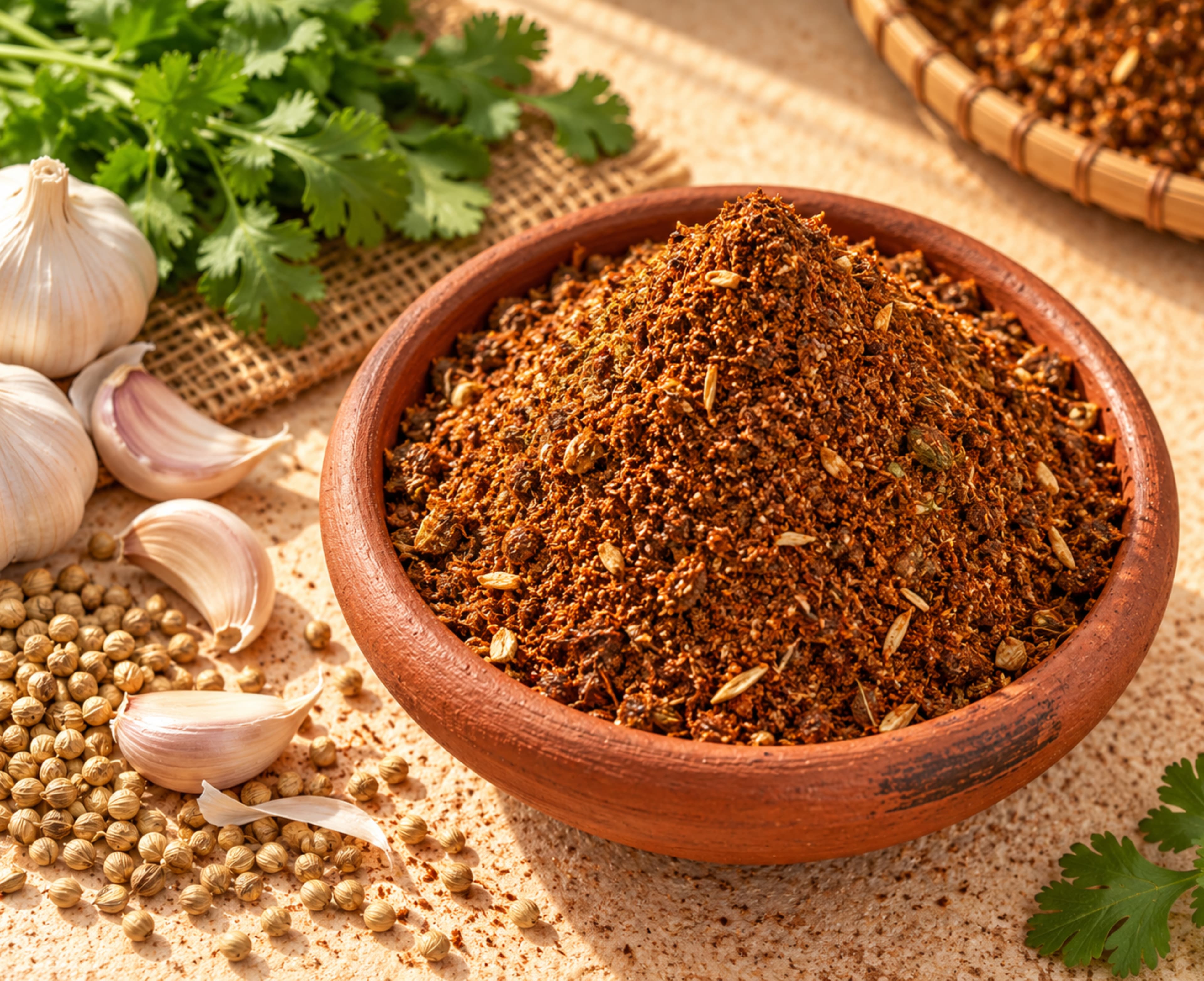 Homemade poondu malli (garlic coriander) podi