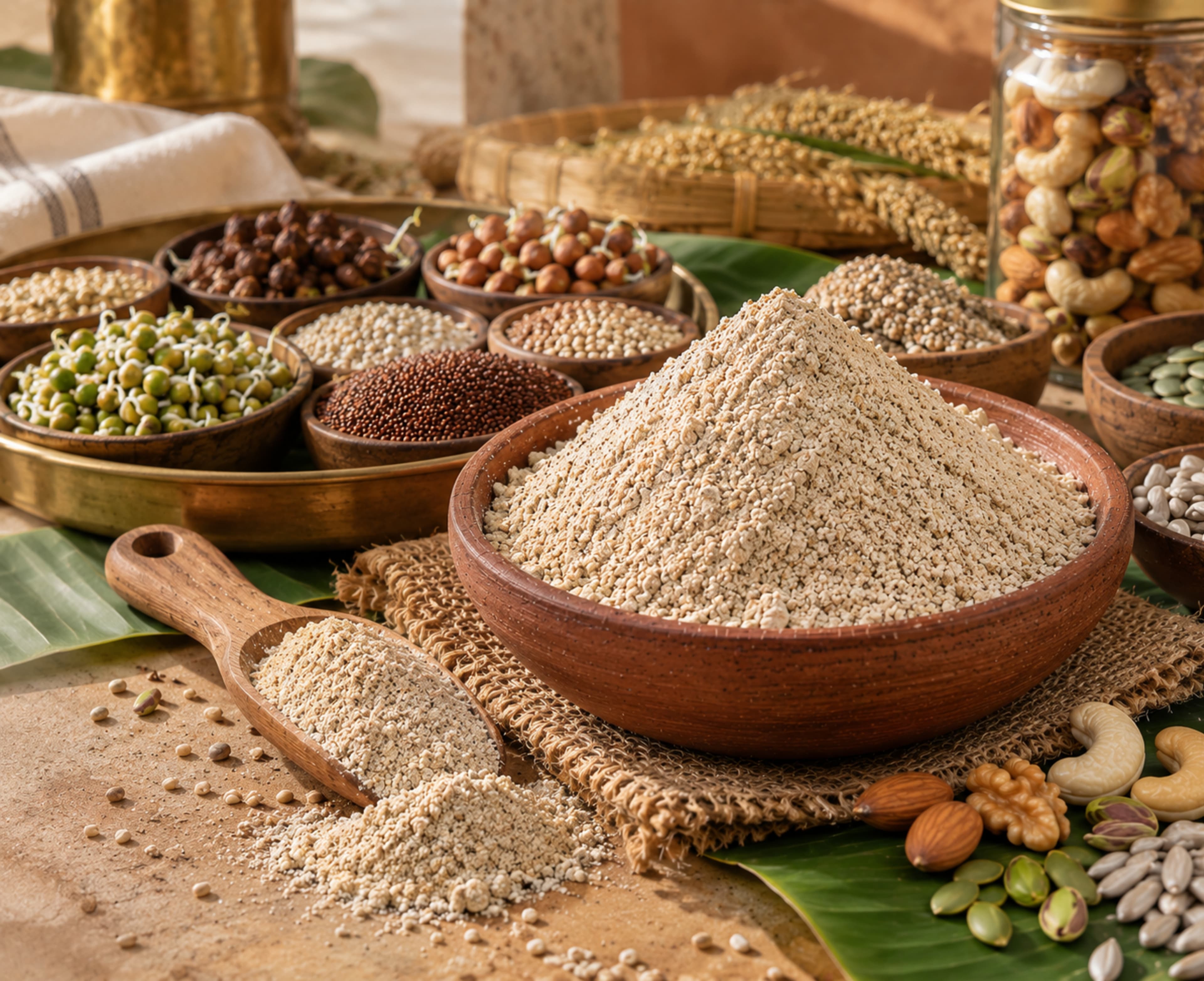 Homemade sprouted health mix (sathu maavu) with grains and nuts