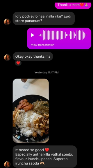 Customer chat about idly podi and killu vathal