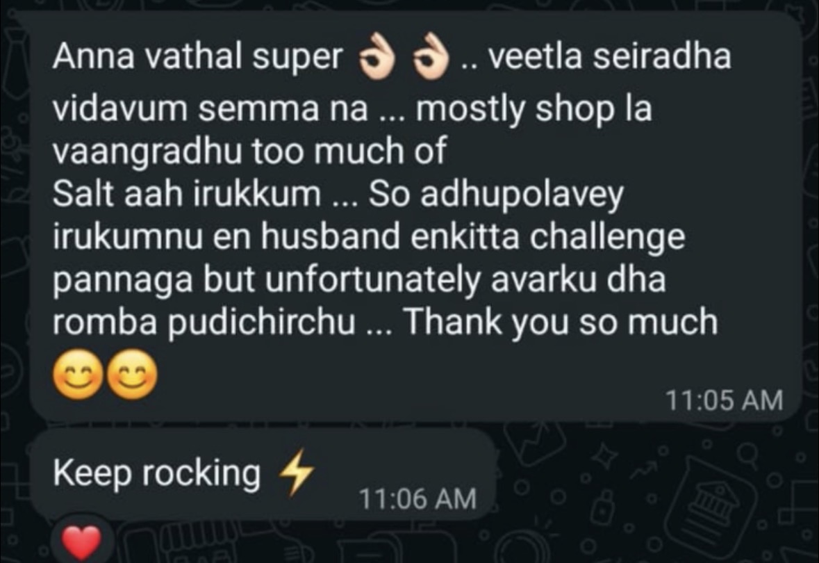 Customer review of Thanjai Thaniyam homemade products